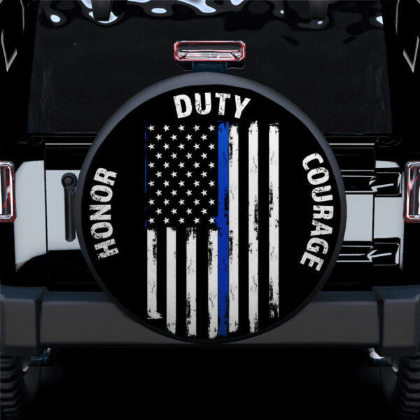 Honor Duty Courage Blue Line US Flag Car Spare Tire Covers Gift For Campers - Sumovir