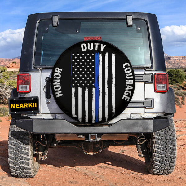 Honor Duty Courage Blue Line US Flag Car Spare Tire Covers Gift For Campers - Sumovir