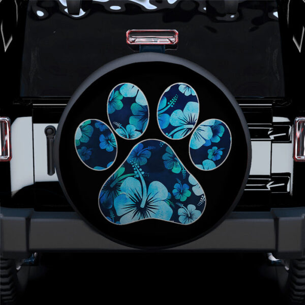 Blue Paw Print Hawaiian Hibiscus Jeep Car Spare Tire Covers Gift For Campers - Sumovir