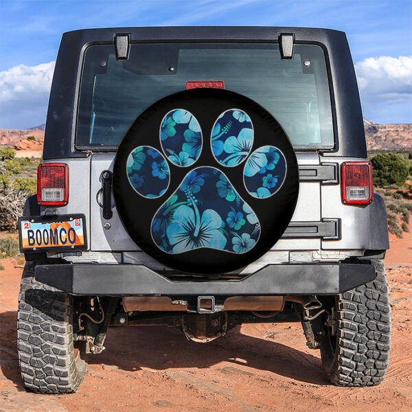 Blue Paw Print Hawaiian Hibiscus Jeep Car Spare Tire Covers Gift For Campers - Sumovir