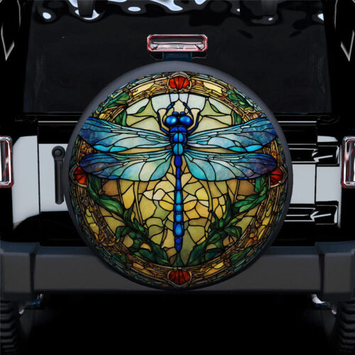 Blue Dragonfly Stained Glass Car Spare Tire Covers Gift For Campers - Sumovir