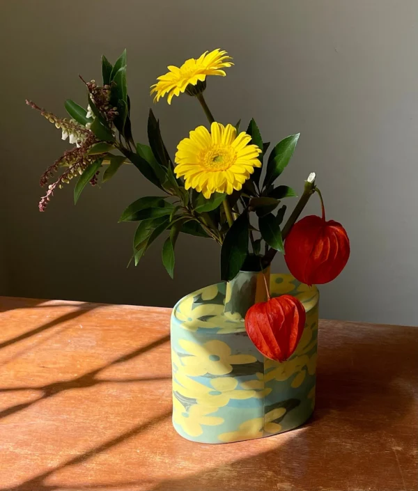 Golden Shower Tree Porcelain Flat Vase - Handmade Porcelain Vase