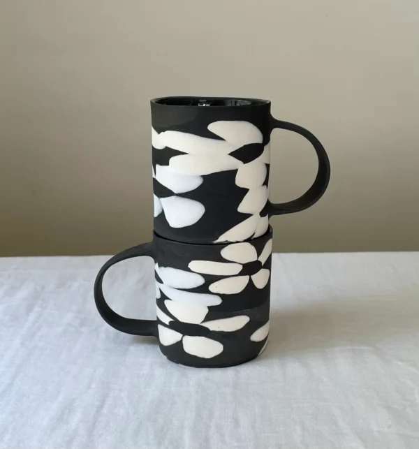 Black-N-White Nerikomi floral mug in Black Basic - Handmade Porcelain Mug