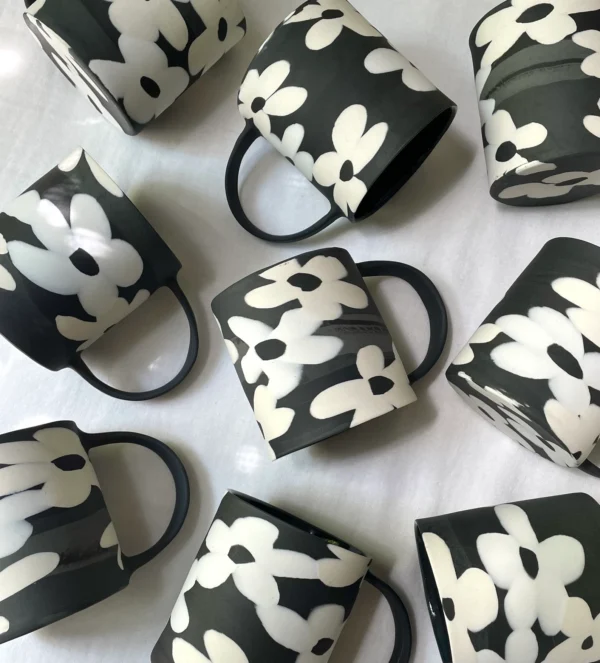 Black-N-White Nerikomi floral mug in Black Basic - Handmade Porcelain Mug