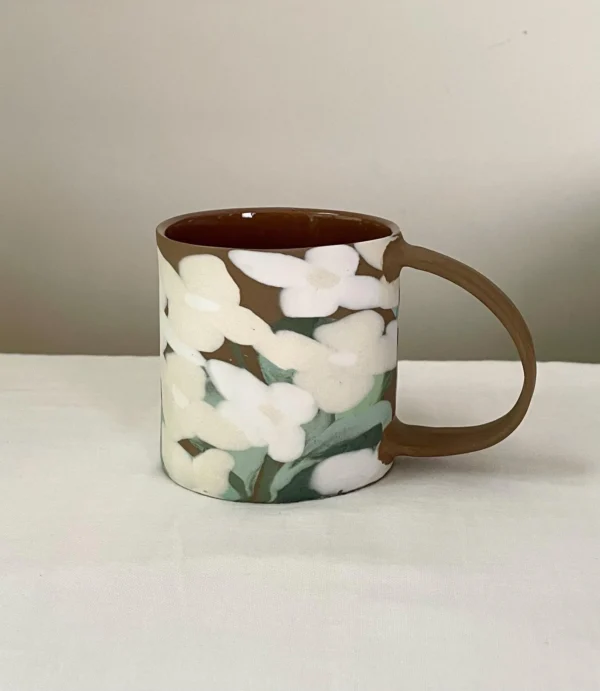 White Hydrangea Porcelain Coffee Mug - Handmade Porcelain Mug