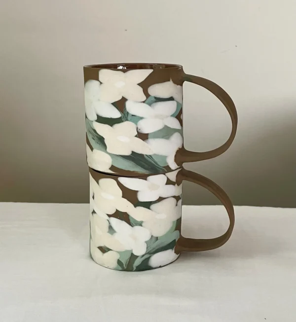 White Hydrangea Porcelain Coffee Mug - Handmade Porcelain Mug