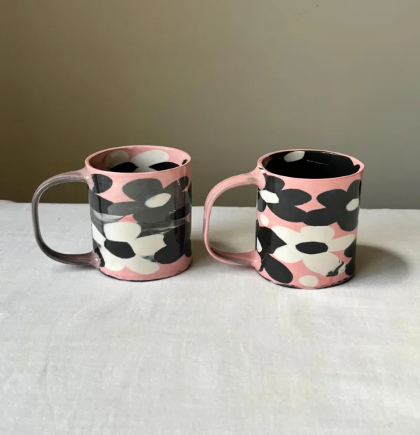 Black-N-White Flower Pink Mug Outstanding - Handmade Porcelain Mug